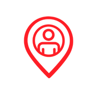 A red location pin icon with a simplified human figure inside, centered on a plain white background.