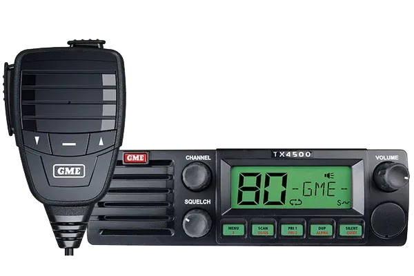 GME TX4500 marine radio transmitter and matching handheld microphone on a white background.