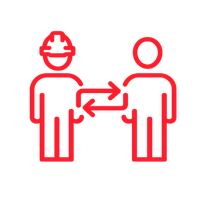 A red minimalist line icon depicting two figures facing each other with an arrow between them, on a white background.