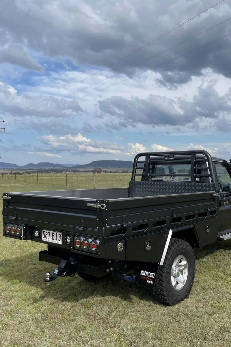 A black utility truck parked outdoors on grass under a cloudy sky, showing the rear and side of the truck bed with a tonneau-style cover and black metal frame.
