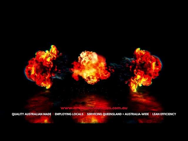 Three dramatic fireball explosions glow against a black background, with a red website URL and white marketing text along the bottom edge.