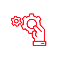 A red minimalist line icon depicting a hand holding a magnifying glass over a gear, set against a plain white background.