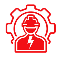 A red and white icon depicting a construction worker wearing a hard hat inside a gear outline, with a lightning bolt on the chest.